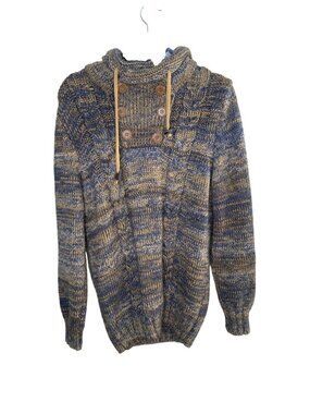 Leif Nelson Mens XL Blue Chunky Knit Hooded Sweater Button Collar Pullover